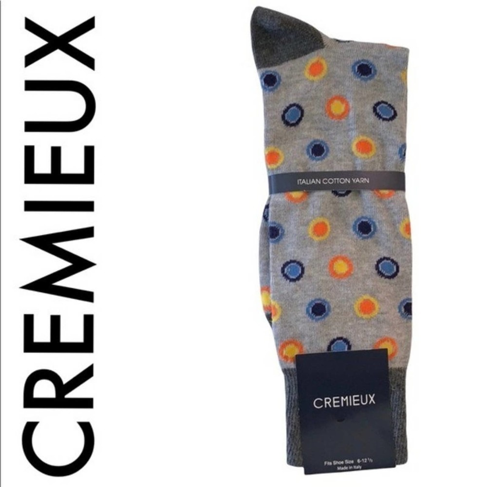 CREMIEUX NWT MEN’S BLUE GRAY ORANGE YELLOW CIRCLE DOT PATTERN DRESS CREW SOCKS - Picture 1 of 4